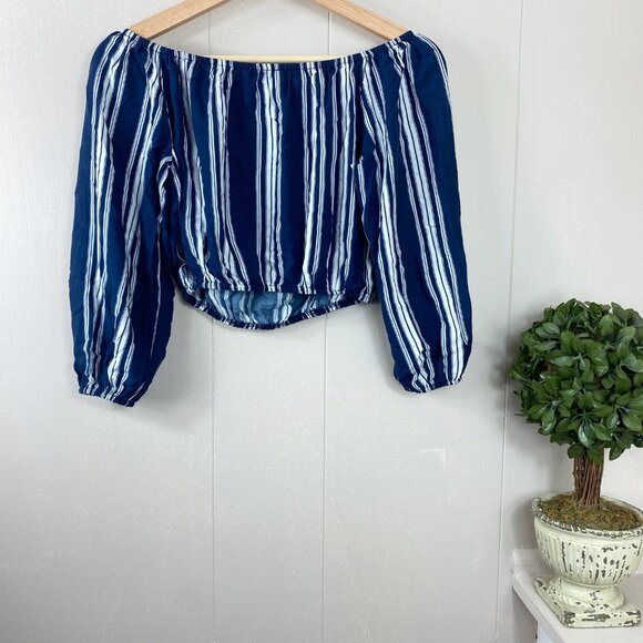 Show Me Your Mumu Navy Blue and White Striped Off Sleeve Crop Top Size X-Small - Picture 4 of 7